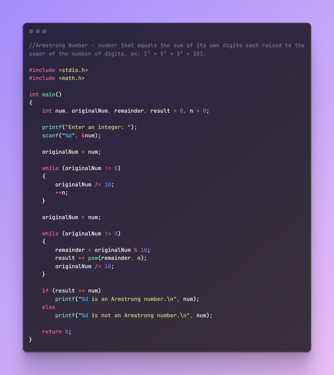 saransh_dutta's tweet image. Unleashing the power of C with today's challenge: Armstrong Numbers! 🚀✨ Check out this code snippet and see if you can crack it. 💻🔢 #CodeLife #CodingQuestion #TeenTech #CLanguage