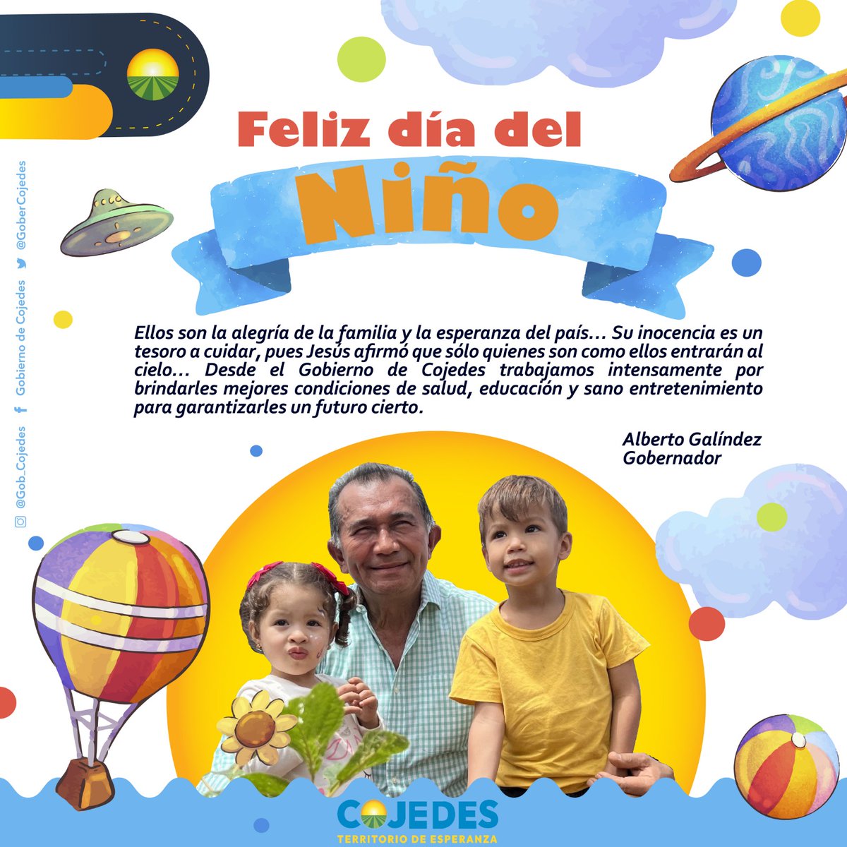 El gobernador del estado Cojedes <a href="/albertogalindez/">Alberto Galindez</a> felicita a todos los niños y niñas en su día, quienes con su alegría iluminan nuestras vidas. 
-
#DiaDelNiño 
#VamosVamosCojedes