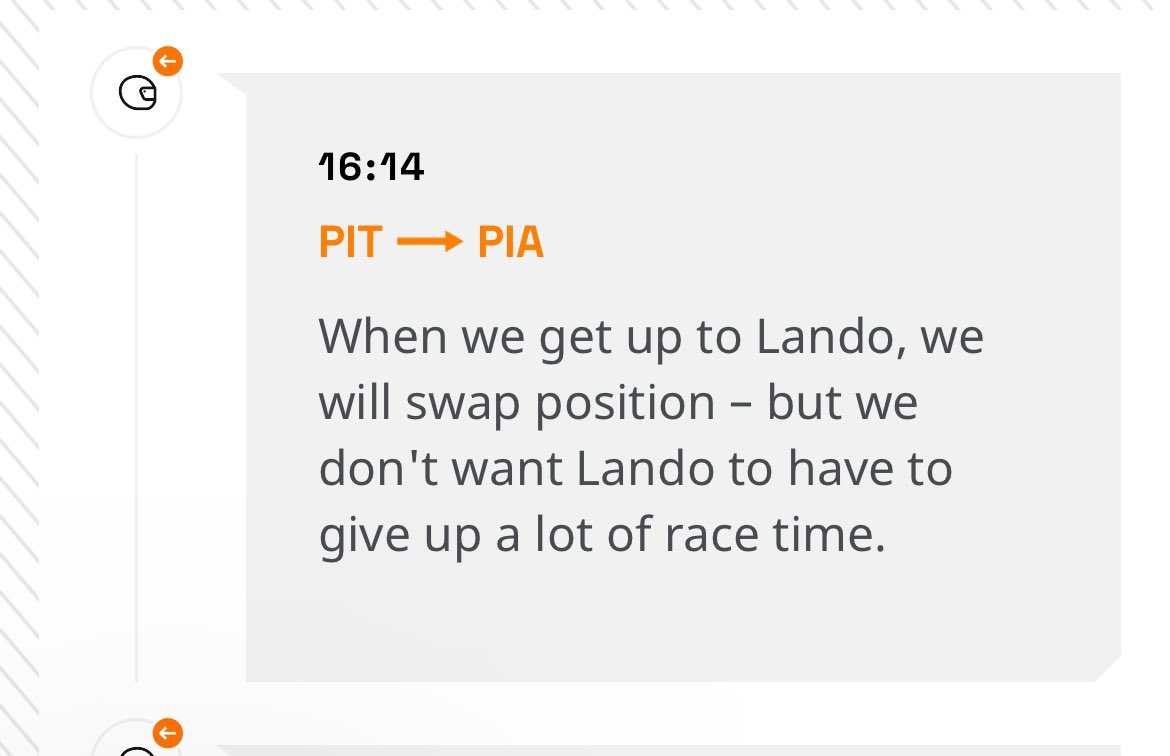 PiastriNews's tweet photo. 📻 radio message ! PIT — PIA

“When we get up to Lando, we will swap position - but we don't want Lando to have to give up a lot of race time.” https://t.co/QvI7X5SMW9