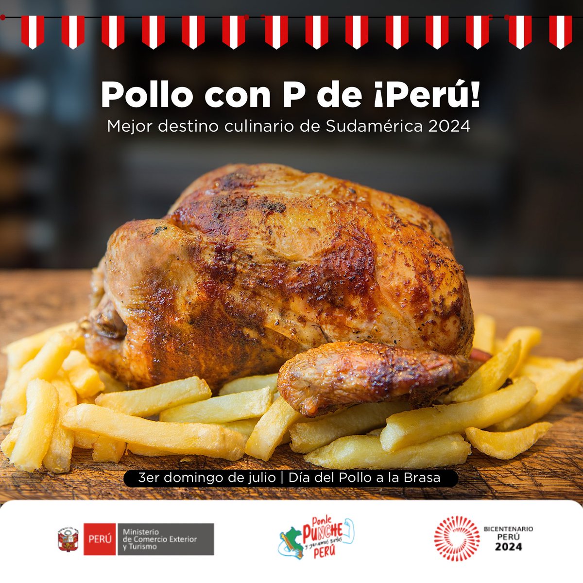 ¿Pierna o pecho? 🍗
Nuestro país fue elegido como Mejor Destino Culinario de Sudamérica 2024 por los World Travel Awards. 
Siéntete orgulloso y celebra este día con tu pieza favorita. 

¡Feliz día del Pollo a la Brasa! 🍗🇵🇪