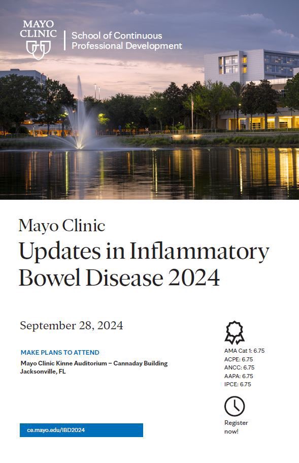 Jana G Hashash, MD, MSc (@jhashashmd) on Twitter photo Save the date!! Sept 28, 2024! For Updates in IBD conference <a href="/MayoClinic/">Mayo Clinic</a> FL
Great topics
Amazing speakers
Sun and Fun
Sign up ce.mayo.edu/ibd2024
<a href="/AmCollegeGastro/">ACG</a> <a href="/AmerGastroAssn/">American Gastroenterological Association (AGA)</a> <a href="/CrohnsColitisFn/">Crohn's & Colitis Foundation</a> <a href="/IBDProNews/">Crohn’s & Colitis Foundation IBD Pro</a> <a href="/FarrayeIBD/">Francis (Frank) Farraye, MD, MSc</a> <a href="/ibdgijami/">Jami Kinnucan, MD, FACG, AGAF, FCCF</a> <a href="/EdwardLoftus2/">Edward Loftus</a> <a href="/MLongMD/">Millie Long</a> <a href="/Khanna_S/">Sahil Khanna, MBBS, MS, FACG, AGAF (he/him)</a> <a href="/IBDMD/">David T. Rubin, MD</a> Save the date!! Sept 28, 2024! For Updates in IBD conference <a href="/MayoClinic/">Mayo Clinic</a> FL
Great topics
Amazing speakers
Sun and Fun
Sign up ce.mayo.edu/ibd2024
<a href="/AmCollegeGastro/">ACG</a> <a href="/AmerGastroAssn/">American Gastroenterological Association (AGA)</a> <a href="/CrohnsColitisFn/">Crohn's & Colitis Foundation</a> <a href="/IBDProNews/">Crohn’s & Colitis Foundation IBD Pro</a> <a href="/FarrayeIBD/">Francis (Frank) Farraye, MD, MSc</a> <a href="/ibdgijami/">Jami Kinnucan, MD, FACG, AGAF, FCCF</a> <a href="/EdwardLoftus2/">Edward Loftus</a> <a href="/MLongMD/">Millie Long</a> <a href="/Khanna_S/">Sahil Khanna, MBBS, MS, FACG, AGAF (he/him)</a> <a href="/IBDMD/">David T. Rubin, MD</a>