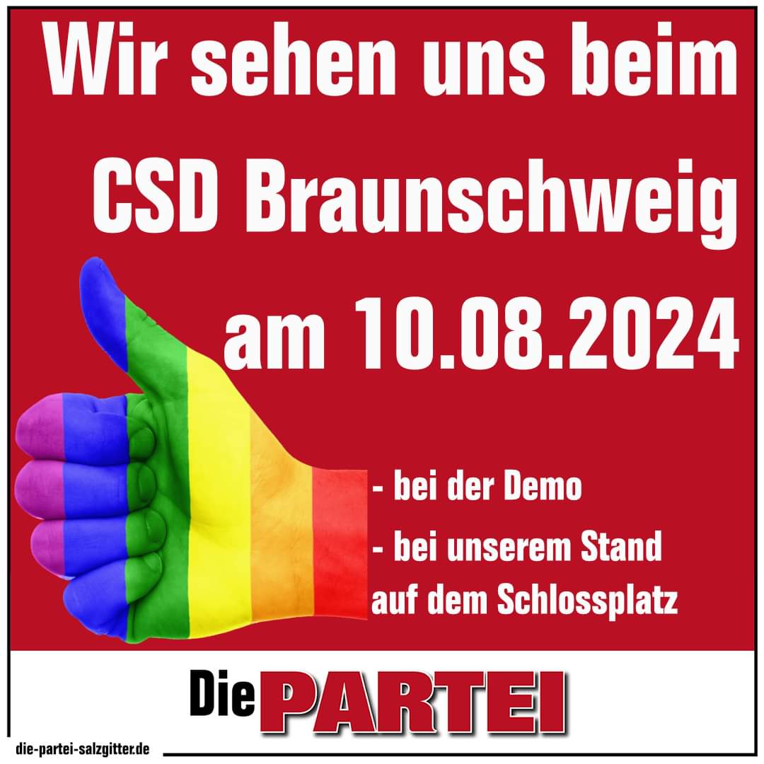 Wir sehen uns am Samstag, 10. August beim Sommerlochfestival | CSD-Braunschweig 🏳️‍🌈🏳️‍⚧️🏳️‍🌈🏳️‍⚧️🏳️‍🌈🏳️‍⚧️ zusammen mit Die PARTEI Braunschweig 😍😍😍

#CSDBraunschweig #bs1008 
#nonazis #noafd