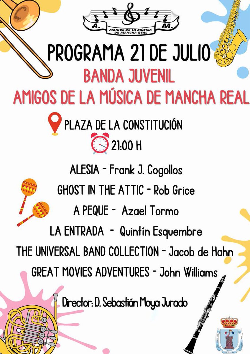 🔵CONCIERTO DE VERANO🔵

📅 Domingo 21 de julio
⌚21:00h
📍Plaza de la Constitución (Mancha Real)

Esta tarde a las 21:00h en la plaza de nuestro municipio, tendrá lugar el segundo concierto de verano, donde nos deleitará nuestra Banda Juvenil con un repertorio muy divertido.