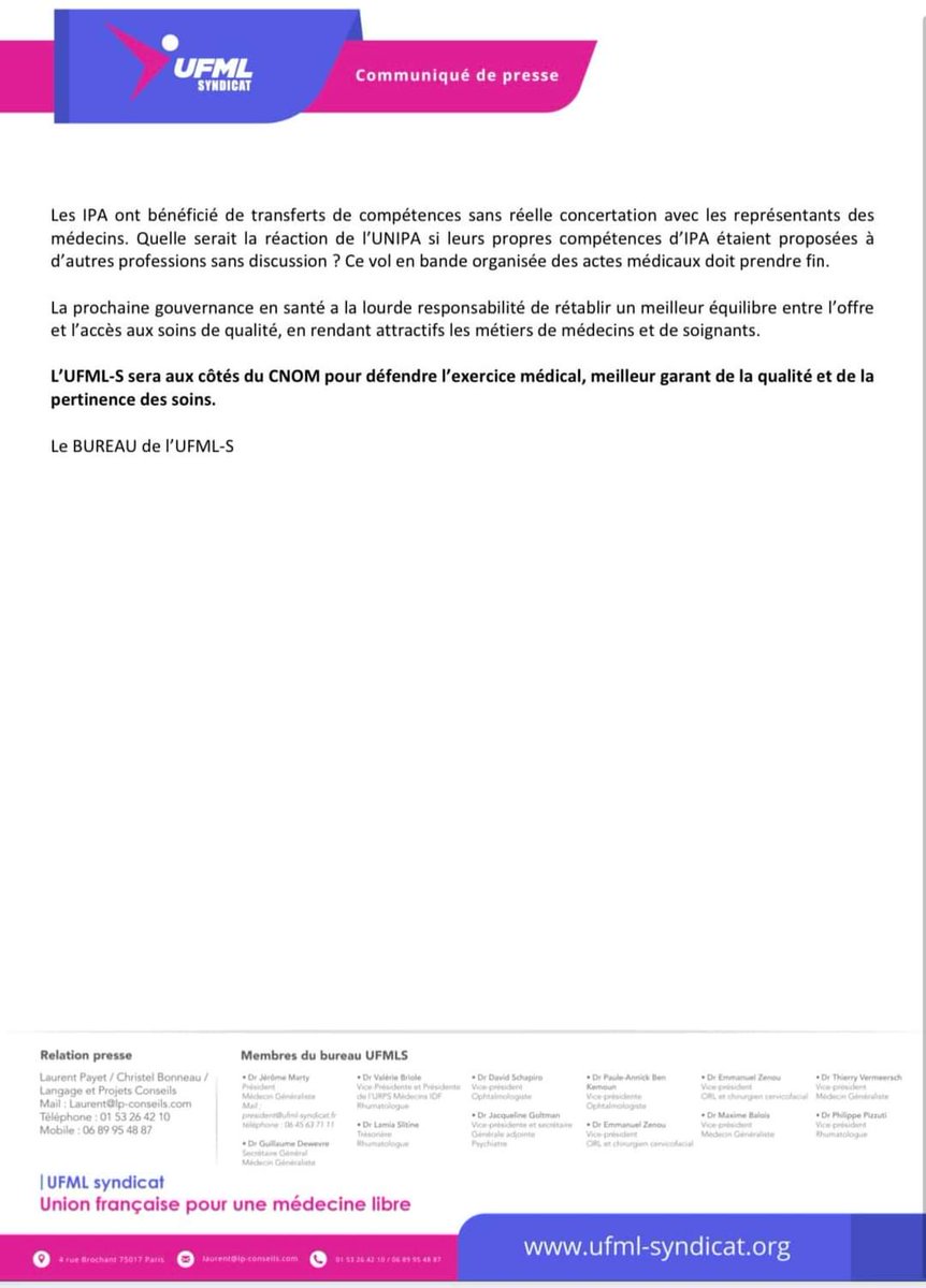 🧶Thread en réponse aux propos du <a href="/DrJeromeMarty/">DrJérômeMarty</a> sur la page Facebook de l'<a href="/UFMLSYNDICAT/">UFML SYNDICAT - syndicat de médecins libéraux</a> en préambule du CP qui déni tout le processus de construction des textes d'application de la Loi Rist.
<a href="/Syndicat_UNIPA/">Syndicat UNIPA</a> <a href="/OrdreInfirmiers/">Ordre National des Infirmiers</a>
1/x