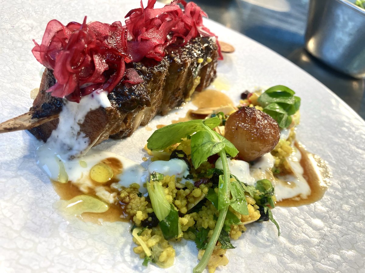 Devilled lamb breast skewer, pickled cabbage, cous cous and yoghurt. Some pointless watercress because we had it, we stopped after this first one!