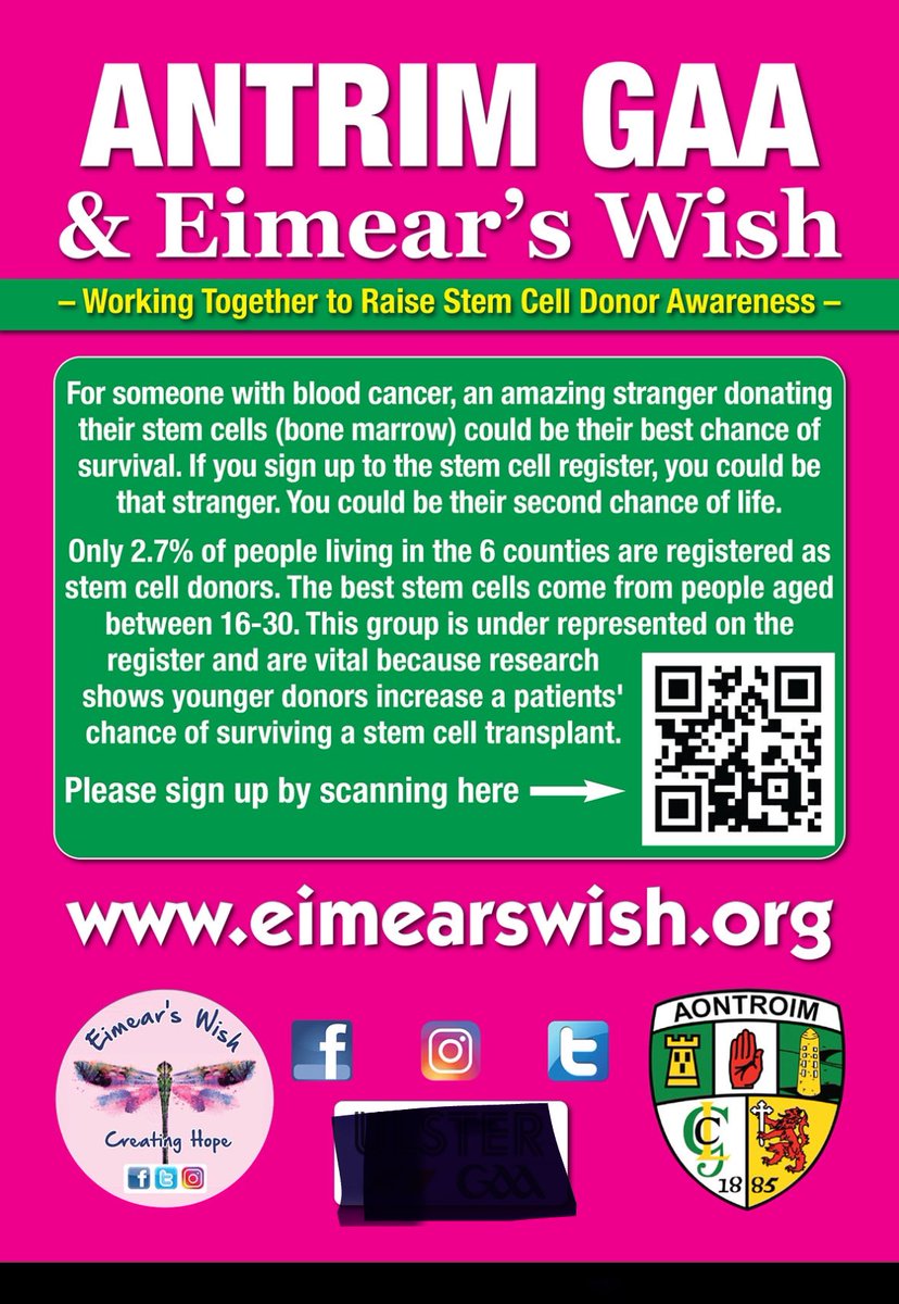 Eimears_Wish's tweet image. @officialgaa @CMcLStrabane @AontroimGAA The all Ireland hurling final is on BBC2. If all 82,400 fans join the @DKMS_uk BONE MARROW register today, only 94, would become donors in the lifetime of all 82,400. Anyone aged 17-55 in good health can join the register. #CreateHope