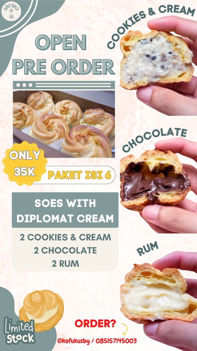 doopamiin's tweet photo. 🌟 Open Order Kue Sus Surabaya! 🌟

1 box isi 6 pcs dengan kombinasi: 2 cookies and cream, 2 chocolate, 2 rum. Hanya dengan harga 35 ribu per box.

📅 Open order: 21 Juli - 23 Juli
📆 Ready : 24 Juli
📍 Lokasi: Surabaya

#kuesussurabaya https://t.co/XzxwtAdeEq