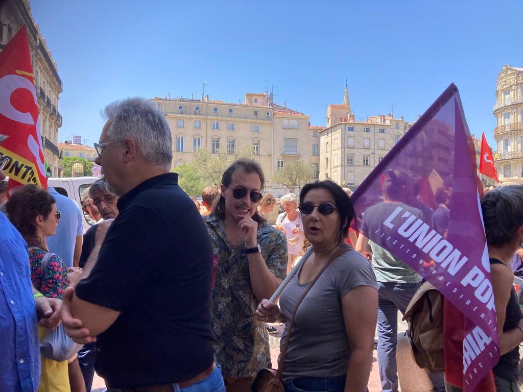 ComiteNFPPic's tweet photo. Le NFP Pic St Loup à répondu présent à l'appel à la mobilisation @CGT34herault et @SNESHerault du 18 juillet dernier pour faire entendre nos revendications et pour défendre la démocratie. https://t.co/S9sMEg4YXI