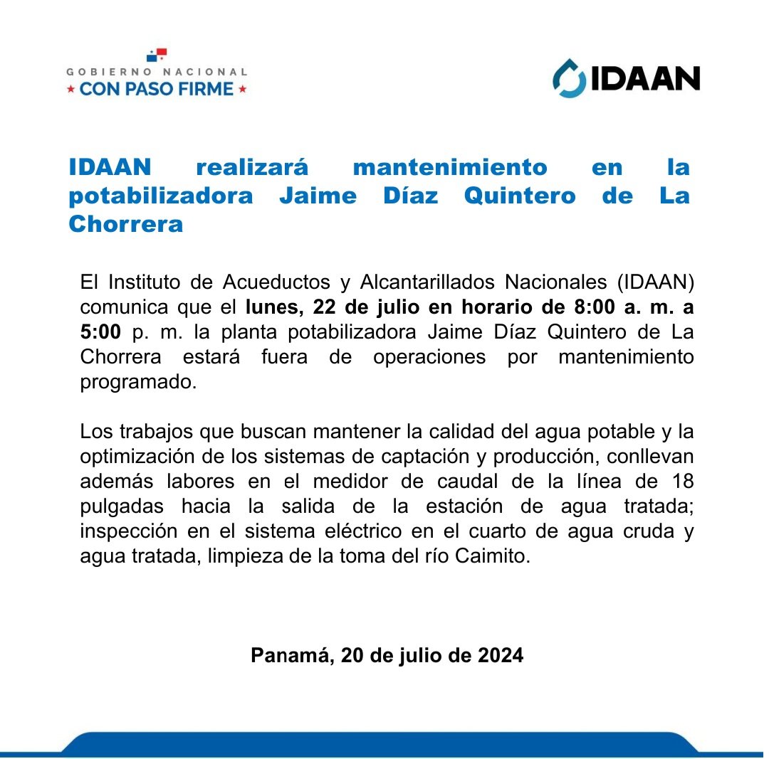 IDAANinforma's tweet photo. #PanamáOeste: IDAAN realizará mantenimiento en la potabilizadora Jaime Díaz Quintero de La Chorrera. @311Panama https://t.co/UWNPNCc0RK