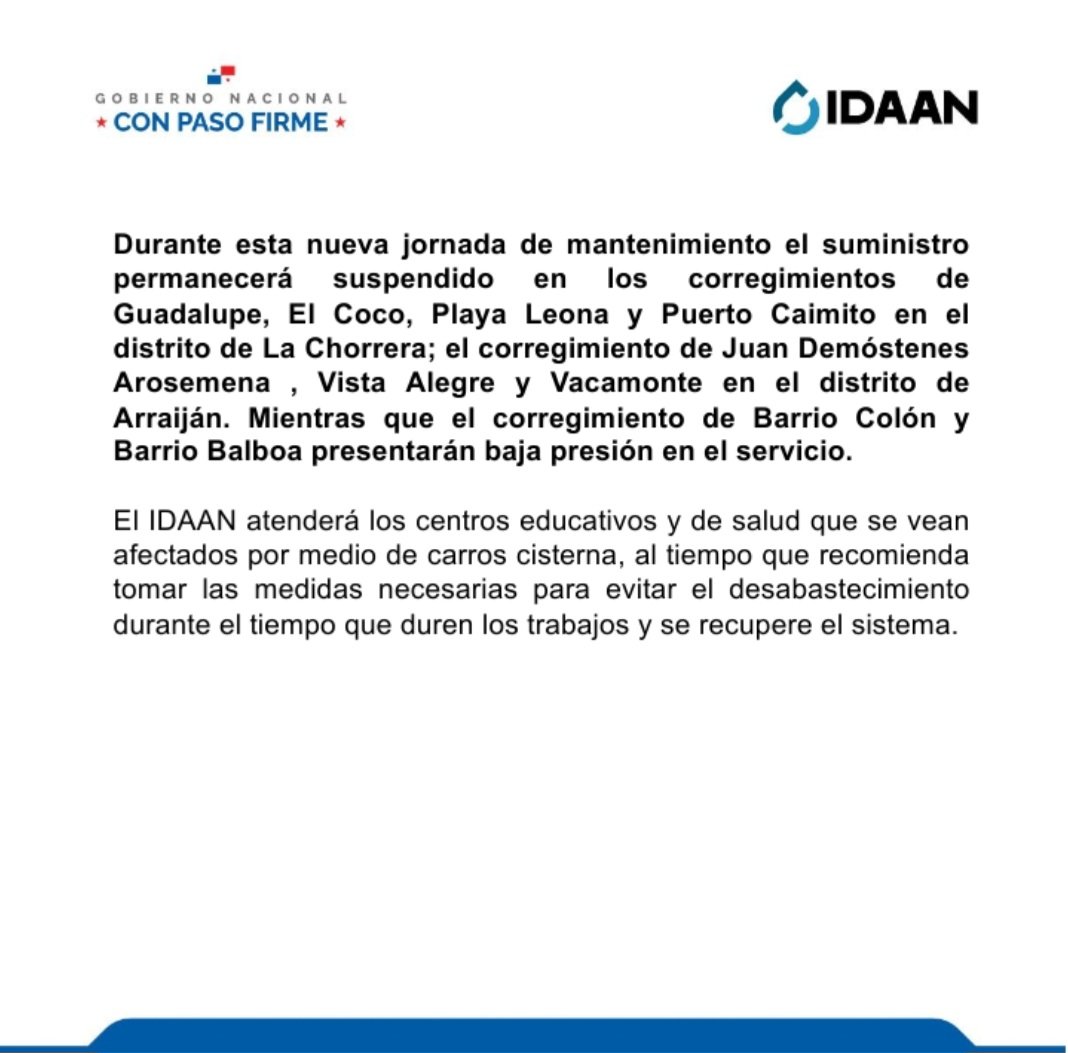 #PanamáOeste: IDAAN realizará mantenimiento en la potabilizadora Jaime Díaz Quintero de La Chorrera. <a href="/311Panama/">311 Panamá</a>