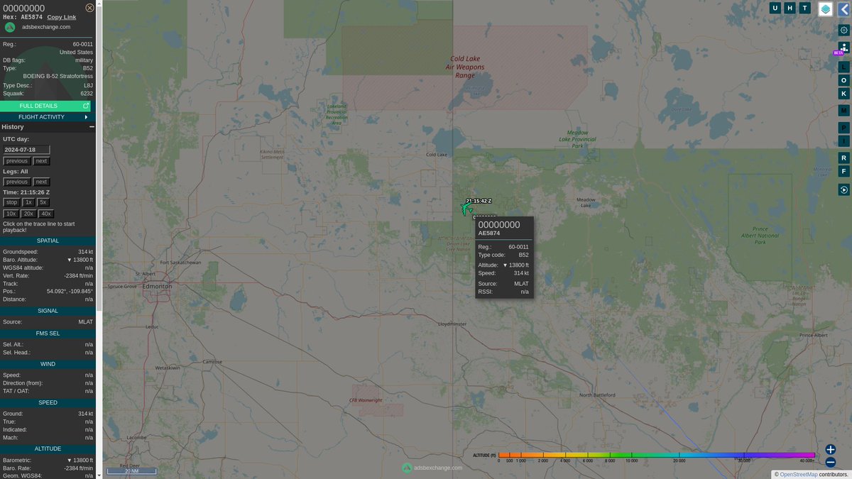 steffanwatkins's tweet photo. 🇨🇦🇺🇸 Excuse me, can anyone confirm/deny there's one or more #USAF B-52H Stratofortress heavy bombers forward deployed to #CFBColdLake from Barksdale, or were they just dropping altitude to refuel or practice at the range on July 18? #AE5874
https://t.co/h8YPXM3mv7 https://t.co/qOr0BTW5HL