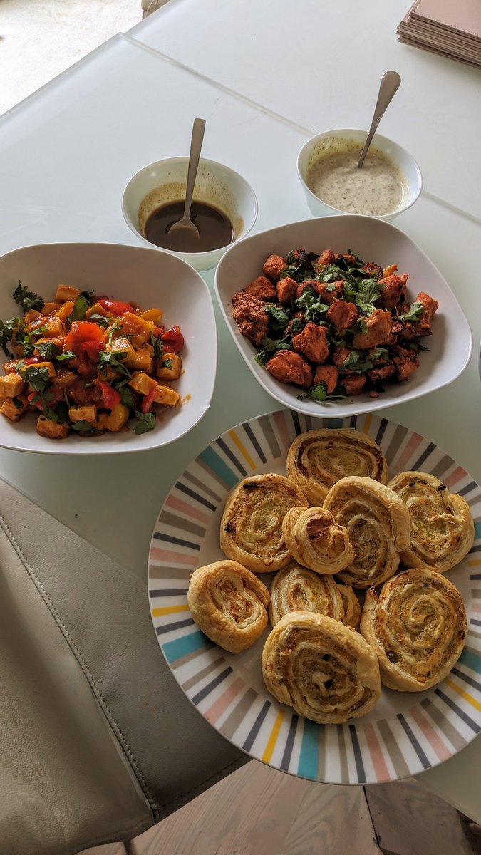 Lunch is ready 😋 pinwheel samosas, chilli paneer and tandoori chicken