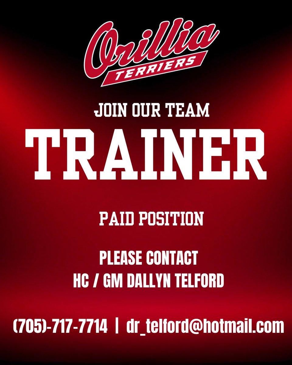 📣 WE ARE HIRING 📣

The Orillia Terriers are looking for a Trainer for the upcoming 2024-25 PJHL Season. 

Interested candidates are asked to contact Head Coach Dallyn Telford 

* THIS IS A PAID POSITION *