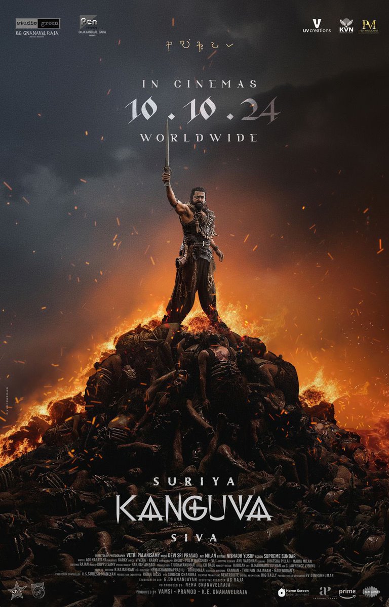 AndhraBoxOffice's tweet photo. #Kanguva going for a TRULY Pan India Release this 10th October. OTT only after 8 Weeks, so it will be releasing in All National Multiplex Chains unlike many Tamil Biggies.

Team Strongly believes that their Fusion of Period Action with Modern Elements will work well in Hindi. https://t.co/PLtPq7g9RI
