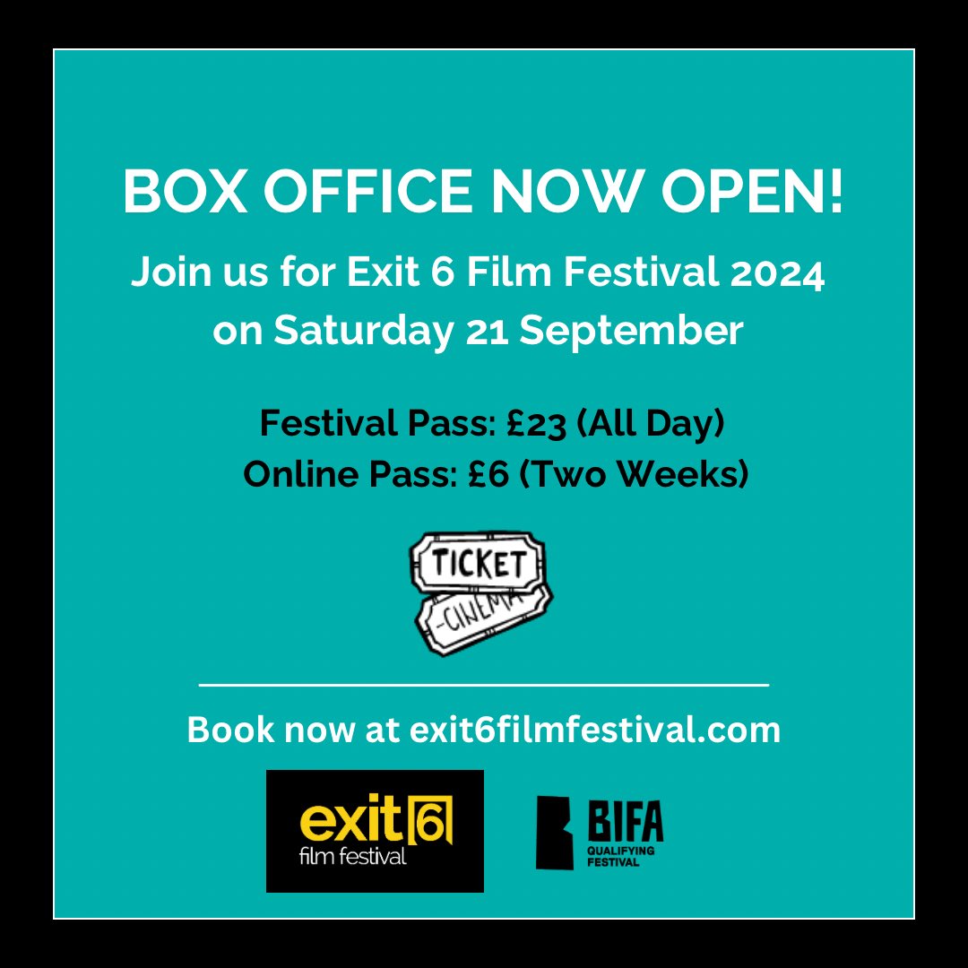 Exit6FilmFest's tweet photo. ROLL UP! The #exit624 box office is now open! Book your Festival Pass for our in-person festival day of screenings and after party, or an Online Pass to access our entire film programme and exclusive Q&amp;A’s with participating filmmakers. 

More info at: https://t.co/I0Z2wp4tuE https://t.co/DrqrzFgFki