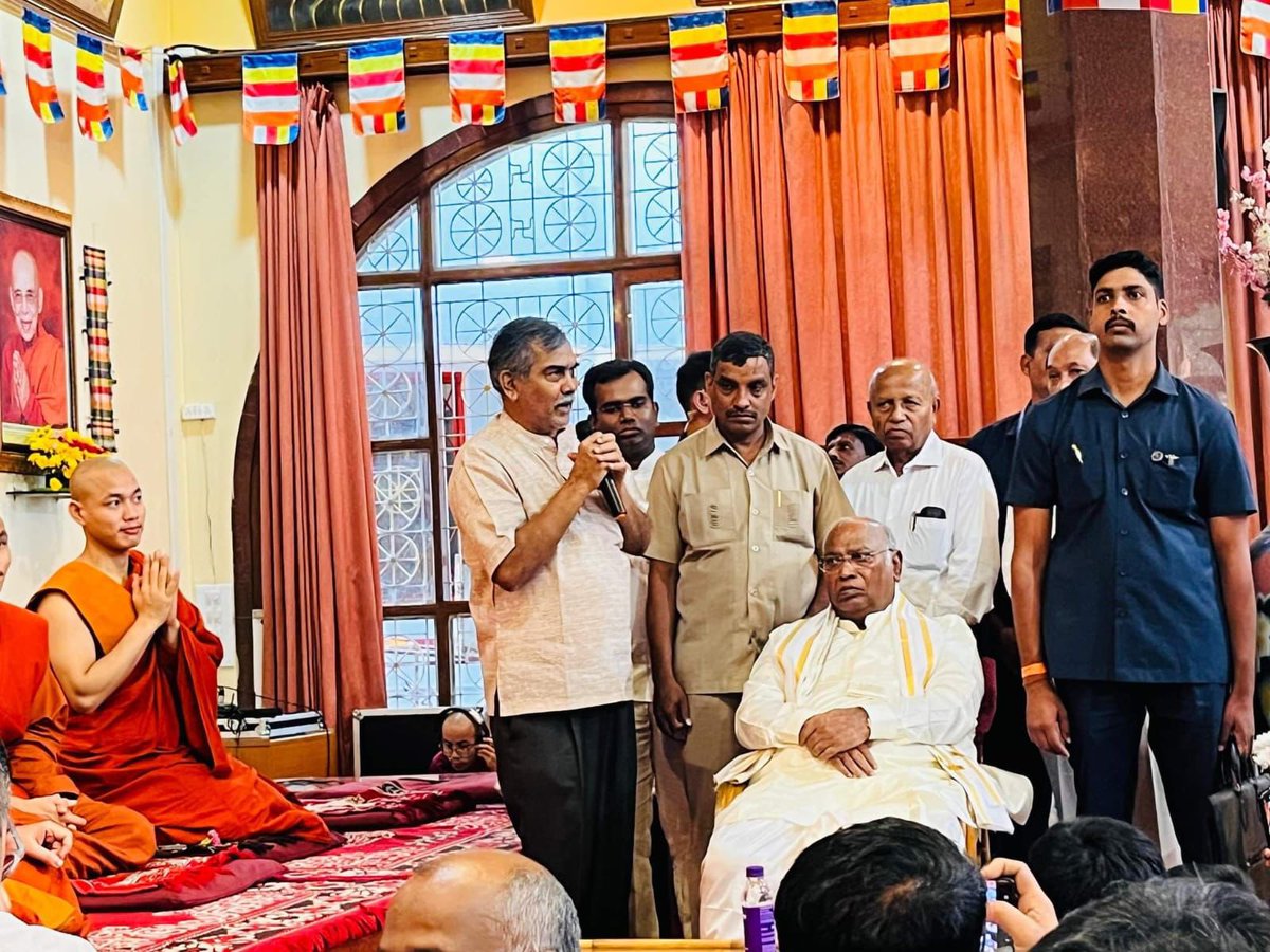 kharge's tweet photo. On the special occasion of Asalha Puja (Dhamma Puja), which commemorates the first sermon of Lord Buddha, it was my honour to pray at the Maha Bodhi Society, Bangalore amidst the chants of his teachings. 

Today, I pray for the well-being and welfare of every citizen. May this celebration strengthen the bonds of unity, amity and fraternity among our people and protect the liberty of all Indians.