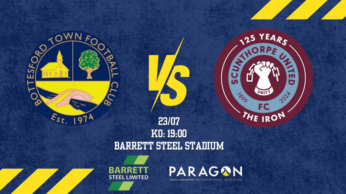 🔜⚽️ Our final game of preseason is almost upon us as we welcome <a href="/SUFCOfficial/">Scunthorpe United FC</a> to the <a href="/barrettsteel/">Barrett Steel Limited</a> stadium this Tuesday! 

Purchase tickets by following this link👇

Thank you to match ball sponsors Charles and Liz Bratton

bottesfordtown.co.uk/product/matchd…