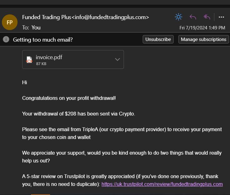 SamYoung739's tweet photo. I got a 12500 account gift from @FundedTradingP last December. I started getting serious with the trading last May. long story short I passed just this July and got funded. And guess what, I made about 260+ profit and got paid!!😍🥳.Thank you @FundedTradingP . I'm grateful!! https://t.co/yuWlUbXRzz