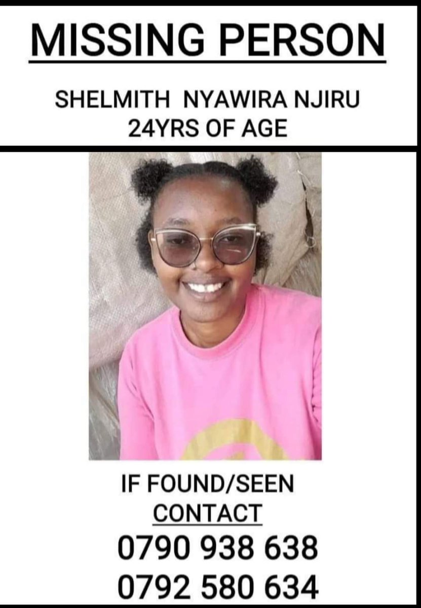 SkyThe5th's tweet photo. MISSING PERSON FOUND

Shelmith Njiru has been found in Migori in a critical condition. https://t.co/xiuz8YEOjk