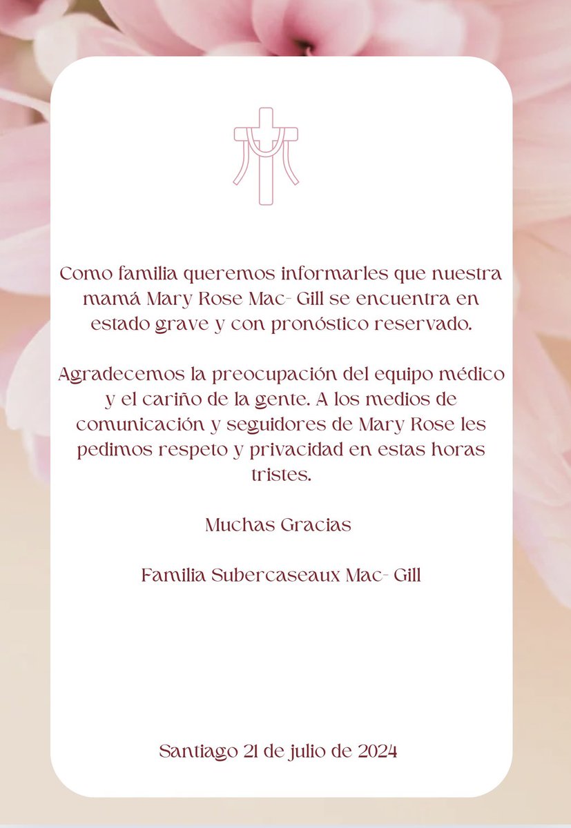 La familia de Mary Rose Mac-Gil me ha pedido enviar este comunicado: