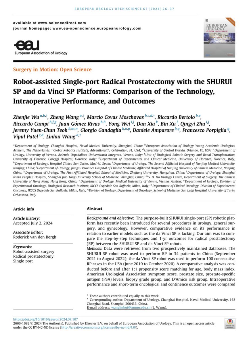 New study compares SHURUI SP 🤖 and da Vinci SP 🤖 robotic platforms for radical prostatectomy. Despite longer operative times with SHURUI, both systems showed similar short-term oncological and continence outcomes at 1 year. Promising results for SHURUI in its early use phase!