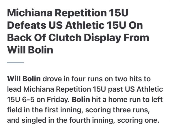 Bolin_william08's tweet photo. Had a great season with the reps. Hitting: AVG: .400 15 singles 6 doubles 1 Home run.@SaintJoeBsball @PBR_Uncommitted @PBRTournaments @michianareps https://t.co/ppOKoltXyq