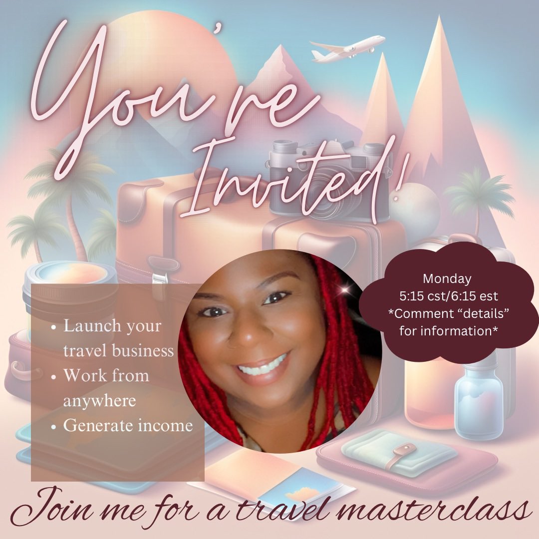 _callmePenelope's tweet photo. Are you a traveler? Are you a travel enthusiast? Would you like to become a frequent traveler? Why not turn your passion into a profession?
Join me for a free virtual travel master class! (Monday and/or Thursday). DM for meeting details!Travel https://t.co/IeyAvjXAEw