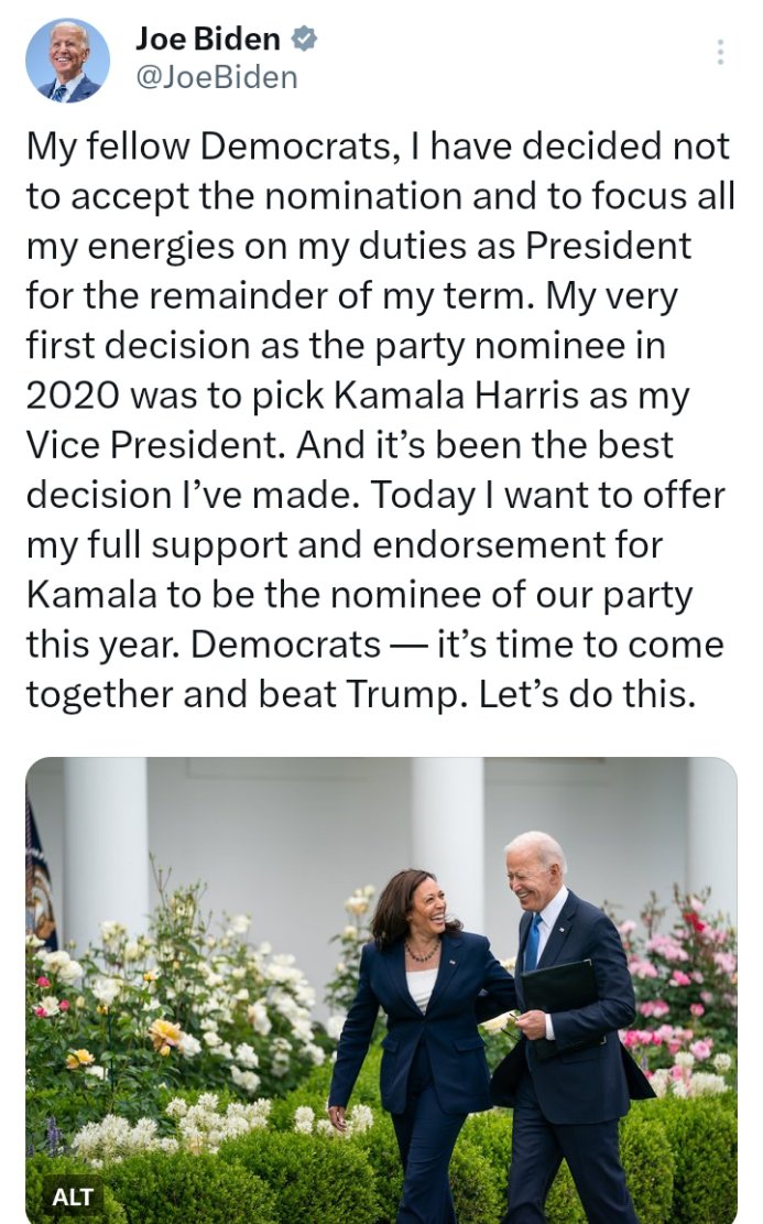 Law_Synopsis's tweet photo. Joe Bidden drops out of US Presidential race, endorses Kamala Harris for POTUS! 
Then again, Hilary Clinton is still in the race. https://t.co/37tz7fvrBp