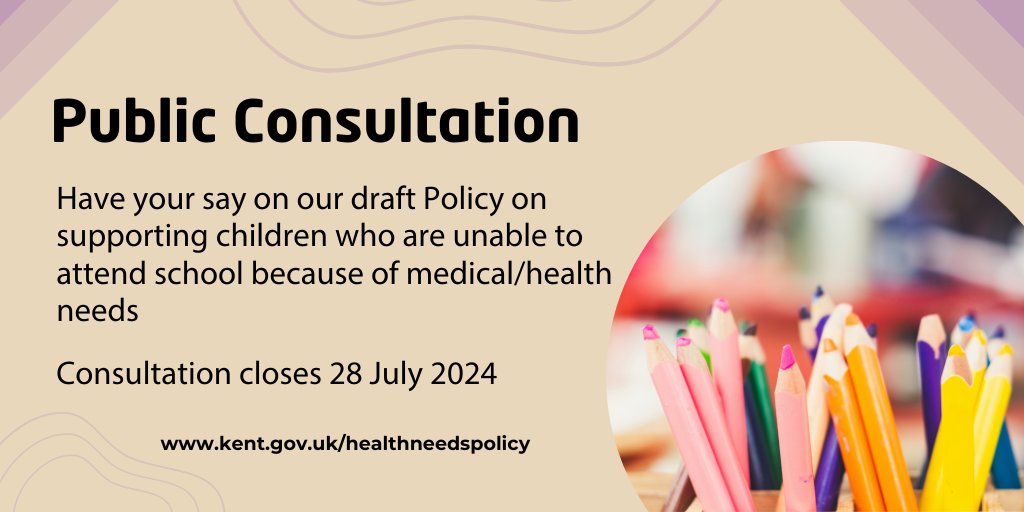 Kent_cc's tweet photo. Only one week to go to give your views on our consultation on a draft policy that aims to support children who are unable to attend school because of medical/health needs for 15 days or more. Find out more by visiting https://t.co/z3JM5b5AJq before the 28 July. #Kent #KCC https://t.co/FKgSRt2FYD