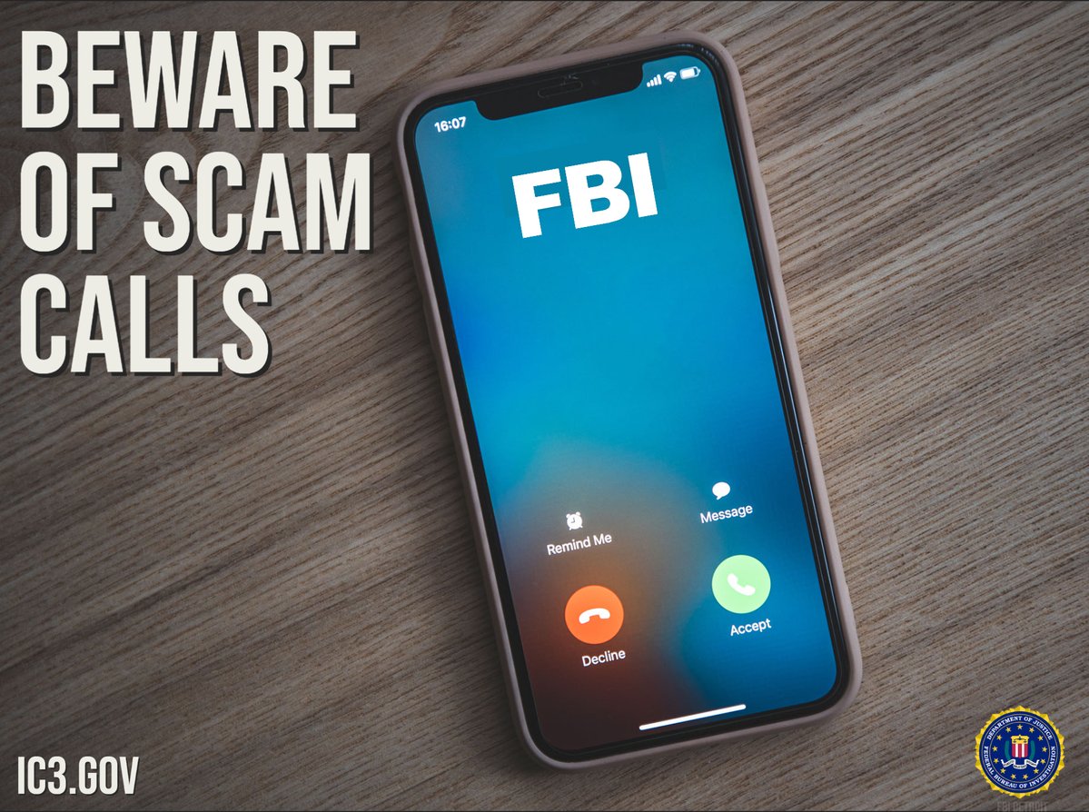 FBILasVegas's tweet image. Scammers are spoofing #FBI phone numbers nationwide and impersonating government agents. Victims are tricked into thinking an arrest is imminent unless they send money. If you believe you have been a victim of this scam, a complaint can be filed at ic3.gov.