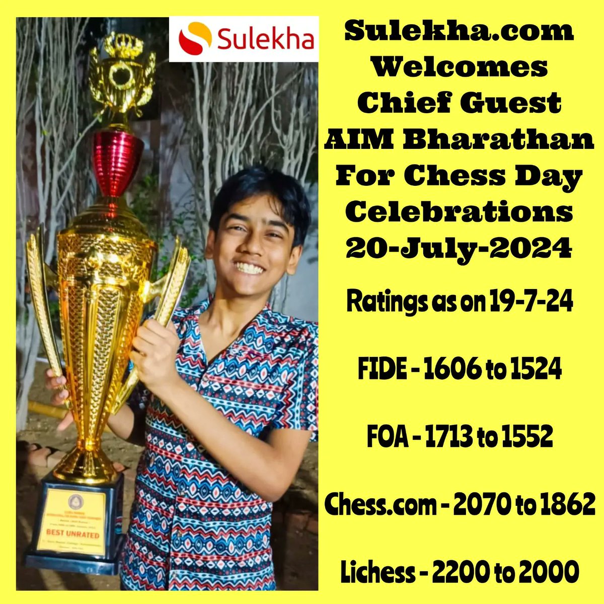BharathanChess's tweet photo. Sincere thanks to Team @Sulekhadotcom &amp; its Top Management for inviting &amp; honouring AIM Bharathan on Chess day (20-7-2024).
@AmkDevarajan
@devacmdjbe

#Chess #chesstournament #chessgame #chessplayer https://t.co/DgDz6mk726