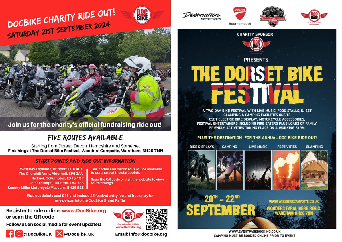 DocBike UK (@docbikeuk) on Twitter photo Join us from five locations for this year’s annual #charity #rideout! 
What’s more, all routes will be finishing at the fabulous Dorset Bike Festival 🤩
For more information and to book your place, visit our website! 👇
docbike.org/dorset-ride-ou…
#DocBike #DorsetBikeFestival Join us from five locations for this year’s annual #charity #rideout! 
What’s more, all routes will be finishing at the fabulous Dorset Bike Festival 🤩
For more information and to book your place, visit our website! 👇
docbike.org/dorset-ride-ou…
#DocBike #DorsetBikeFestival
