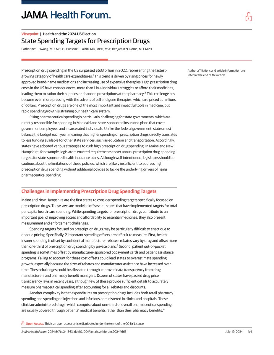 JAMA Health Forum (@jamahealthforum) on Twitter photo Viewpoint by Catherine Hwang, <a href="/DrHussainL/">Hussain Lalani, MD, MPH, MSc</a>, and <a href="/bnrome/">Ben Rome</a> discusses the limitations of state prescription drug spending targets for lowering medication costs. ja.ma/3WdFcXN <a href="/PORTAL_Research/">Program On Regulation, Therapeutics, And Law</a> Viewpoint by Catherine Hwang, <a href="/DrHussainL/">Hussain Lalani, MD, MPH, MSc</a>, and <a href="/bnrome/">Ben Rome</a> discusses the limitations of state prescription drug spending targets for lowering medication costs. ja.ma/3WdFcXN <a href="/PORTAL_Research/">Program On Regulation, Therapeutics, And Law</a>