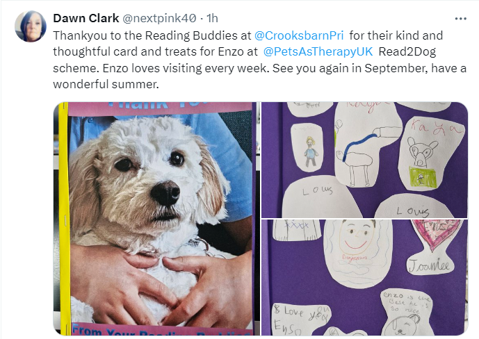 PetsAsTherapyUK's tweet image. #PATDog Enzo is a #Read2Dogs hero. As term ended at @CrooksbarnPri he received lovely cards made by the pupils he helped throughout the year💛🐾
We're not crying we just have something in our eyes🥹
petsastherapy.org/information/in…
#PetsAsTherapy #R2D #DogsInSchools #EDu #Education