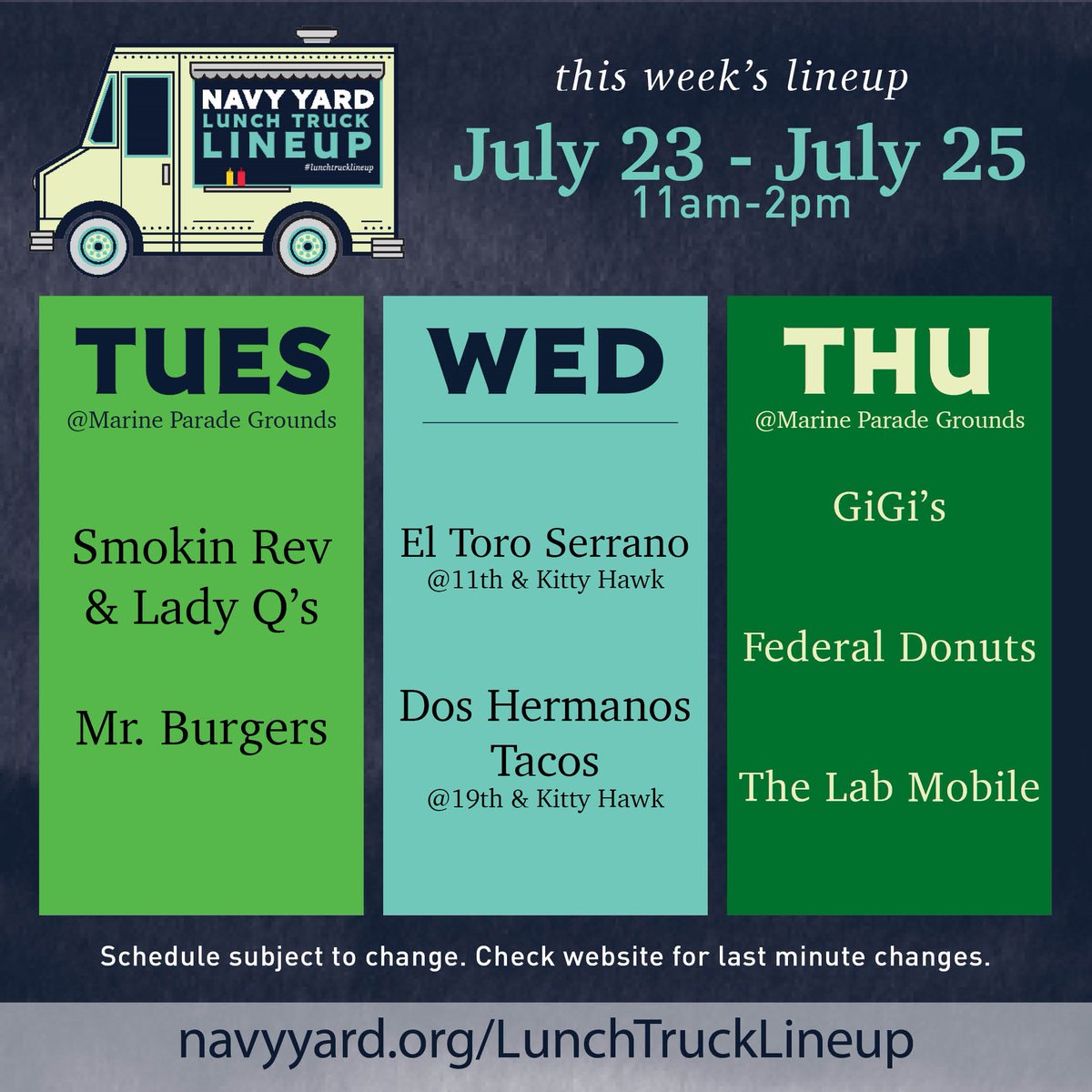 NavyYardPhila's tweet image. Looking to change up your lunch this week? Check out this week's #lunchtrucklineup

Tues - Smokin Rev &amp;amp; Lady Q's and Mr. Burgers
Wed - El Toro Serrano and Dos Hermanos Tacos
Thurs - GiGi's, Federal Donuts, and The Lab Mobile 

#navyyardeats #discovertheyard
