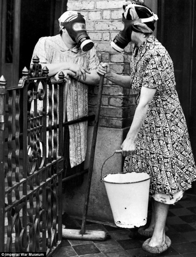 dionysius_80's tweet photo. Housewives wearing gas masks during the Blitz (1940-41) on London. https://t.co/dBdL3G5mM4