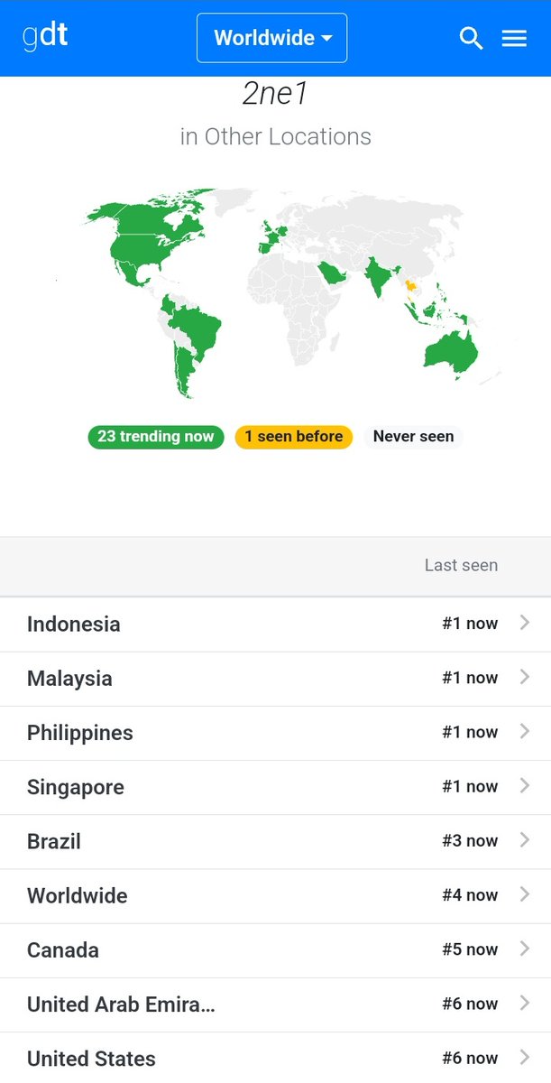bluffky12's tweet image. 2NE1 is trending worldwide at #4:

Indonesia #1
Malaysia #1
Philippines #1 
Singapore #1
Brazil #3
Canada #5
UAE #6
USA #6
Puerto Rico #6
France #8
Spain #9
Germany #9
United Kingdom #9
India #10
Netherlands #10
Mexico #10
Australia #11
Chile #11
Portugal #18
Argentina #24