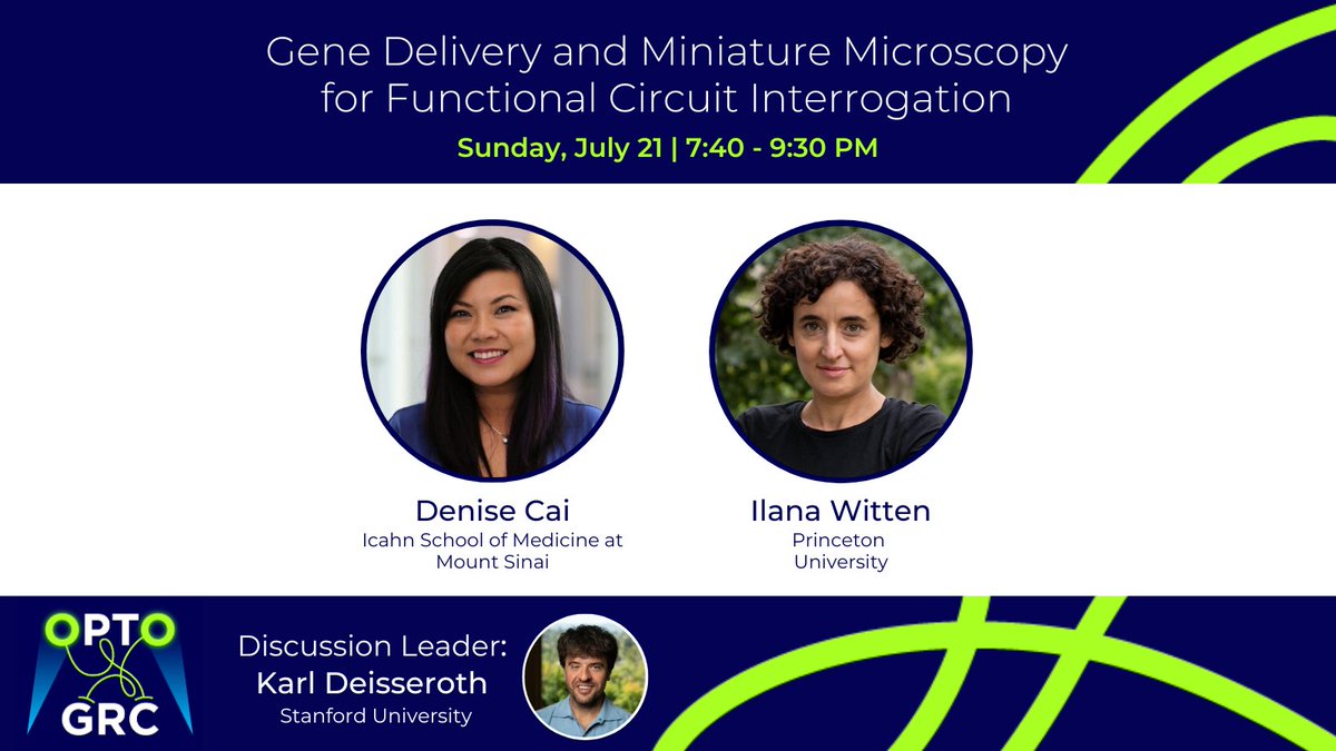 Optogenetics Gordon Research Conference (@optogrc) on Twitter photo Happening in 1 hour! π€©
Join us to kick off #OptoGRC2024 at our keynote session featuring <a href="/denisejcai/">Denise J. Cai, Ph.D.</a> & @IlanaWitten & led by <a href="/KarlDeisseroth/">Karl Deisseroth</a>! Happening in 1 hour! π€©
Join us to kick off #OptoGRC2024 at our keynote session featuring <a href="/denisejcai/">Denise J. Cai, Ph.D.</a> & @IlanaWitten & led by <a href="/KarlDeisseroth/">Karl Deisseroth</a>!