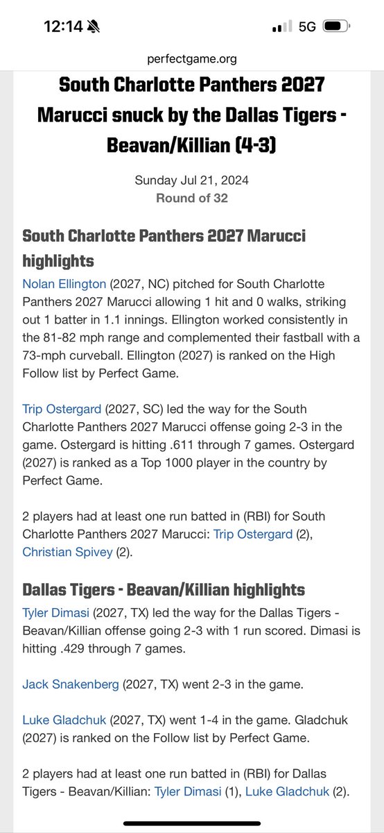 DallasTigersKillian (@tigerskillian) on Twitter photo The Tigers lose a one run heartbreaker in the Round of 32 in the <a href="/PerfectGameUSA/">Perfect Game USA</a> 15U National Championship. Tough loss, but it was a great tournament experience and exposure for the boys. Current record stands at 27-7-3 with one tournament left. Safe travels home to all! The Tigers lose a one run heartbreaker in the Round of 32 in the <a href="/PerfectGameUSA/">Perfect Game USA</a> 15U National Championship. Tough loss, but it was a great tournament experience and exposure for the boys. Current record stands at 27-7-3 with one tournament left. Safe travels home to all!