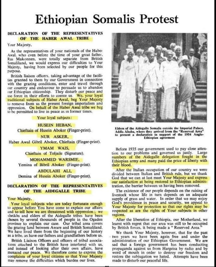 Ramadan70530344's tweet photo. In 1954, the Isaaq tribes of Haber Awal & Garhejis sent delegations to Ethiopia to seek protection from His Majesty and express support for the Angalo-Ethiopian agreement! Isaaq are known to be loyal to colonial powers who colonized Somalia. Today, you can see their offspring doing the same thing their great grandfathers did, giving away ports to Ethiopia in exchange for false recognition.