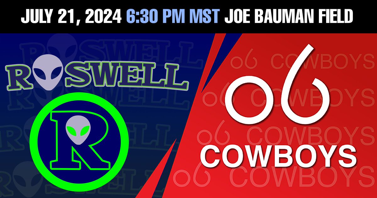 roswellinvaders's tweet photo. Alpine Cowboys Pro Baseball Club at Roswell Invaders at Joe Bauman Field.
7/21/2024 6:30:00 PM MST Pecos League Baseball.  

Tickets $10 at https://t.co/Td1l6arhhs

Watch Live at https://t.co/KAclTz6zBk https://t.co/LwlLrBtbnu
