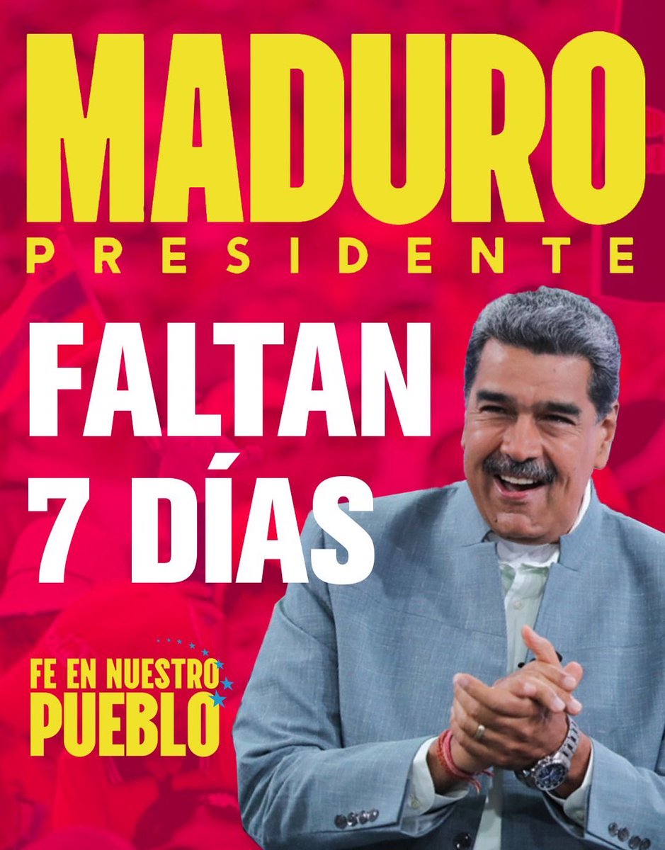 Hoy estamos a 7 Días de la gran Victoria, con ⁦<a href="/NicolasMaduro/">Nicolás Maduro</a>⁩ vamos a vencer , no te equivoques este 28 de julio es por la PAZ y por la VIDA vamos con Nicolás . ⁦<a href="/dcabellor/">Diosdado Cabello R</a>⁩ ⁦<a href="/ramolinap/">Ricardo Molina</a>⁩ ⁦<a href="/pinfantea/">Pedro Infante A.</a>⁩