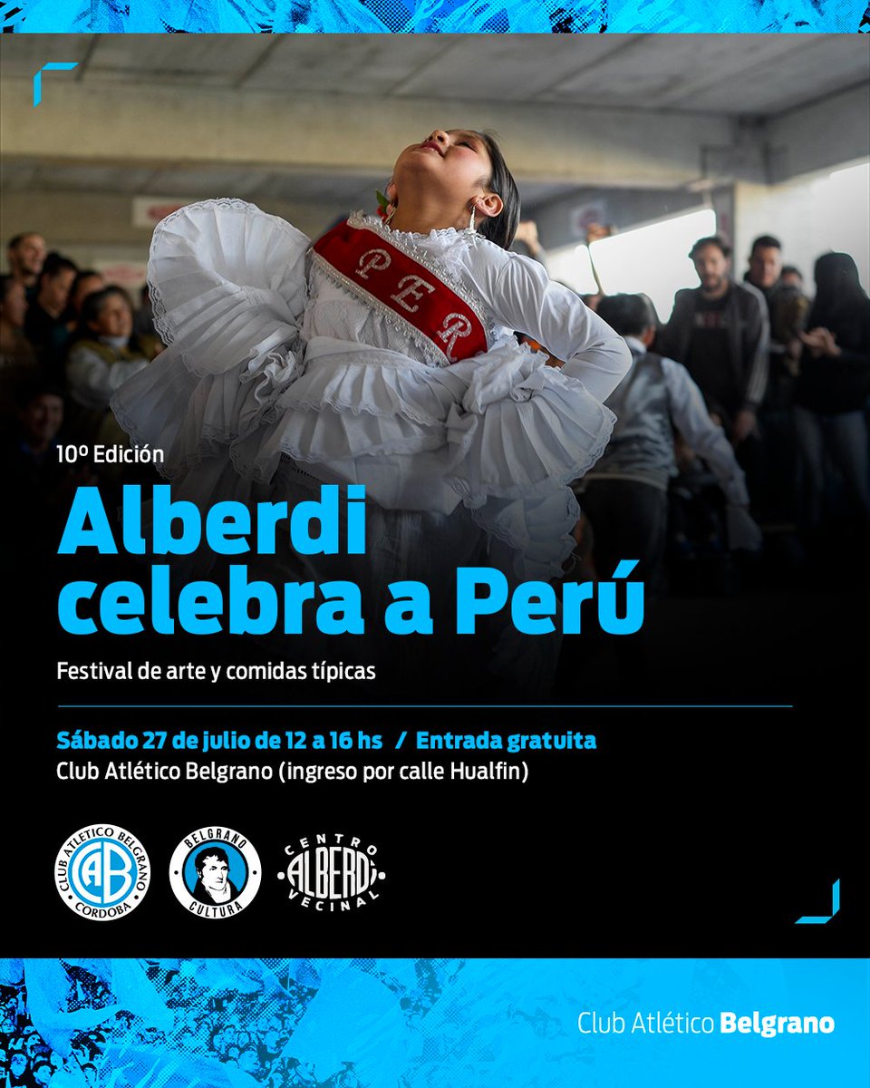 Belgrano's tweet image. 🇵🇪🥳 ¡Llega la décima edición del Festival "Alberdi celebra a Perú"! 🏴‍☠️

🙌 El próximo sábado 27 de julio, de 12 a 16 hs, #Belgrano te invita al Gigante para la ya tradicional celebración de un nuevo aniversario de la independencia del país hermano.

🍲🪇 Como cada año, será una…