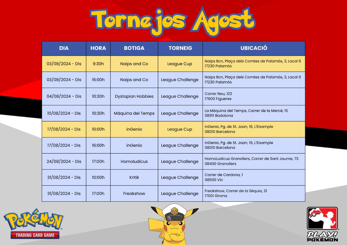 Calendari TCG del mes d'agost!! Busqueu la vostra lliga Pokémon més propera, informeu-vos i participeu!

#PlayPokemon