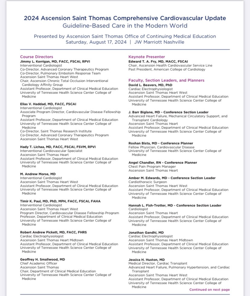 Save the date 
✅August 17, Saturday 
✳️2024 Ascension St Thomas Comprehensive CV Conference 
✳️Keynote Speaker Edward T Fry 
Past President, ACC 
✅All CV areas 
<a href="/kerrigjl/">Jimmy Kerrigan</a> <a href="/evhaddad/">Elias Haddad</a> <a href="/SasanRaissi/">Sasan Ryan Raissi, MD</a> <a href="/HadyLichaaMD/">Hady Lichaa, MD, FACC, FSCAI, FSVM, RPVI</a> <a href="/bbiglane/">Barr Biglane</a> <a href="/AndrewMorseMD/">Andrew Morse</a> <a href="/ascenstthomas/">Ascension Saint Thomas</a> <a href="/MinnowWalsh/">Minnow Walsh, MD, MACC</a> <a href="/EdwardFryMD/">Edward Fry</a>