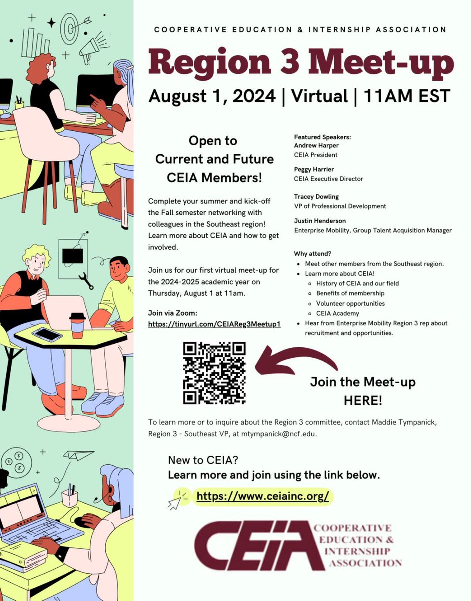 <a href="/CEIAinc/">CEIAinc</a> Region 3 (Southeast) members and future members! This virtual meet-up is for you! Join us on Thurs, Aug. 1 at 11am EST via Zoom. 

#CEIA #internships #employerrelations #cooperativeeducation #careerservices #workintegratedlearning #highered