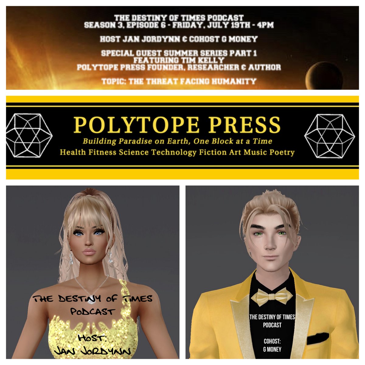 destinyoftimes's tweet photo. join #host @janjordynn &amp; #cohost G Money 4 #launch of 2nd #SGSS S3 E6 Part 1 #features Polytope Press #founder researcher &amp; #author Tim Kelly, who addresses the #imminent #threats #facing #humanity and what we #cando to #stopit. 

https://t.co/VyxWuuDglj

https://t.co/hgOiNTyFq4 https://t.co/36MGmp9Xna