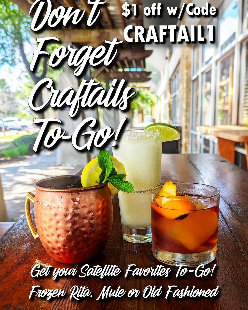 SatelliteATX's tweet photo. It is gonna be a great Summer Sunday! 🌞Don't forget to order up some ToGo Satellite Craftails 🍹🍹 to enjoy by the pool.🏊 
Or enjoy during all day  Happy Hours here at Satellite!
https://t.co/vHrzUZmrsI
#SatelliteATX #SummerTime https://t.co/z7lI7QcBOR