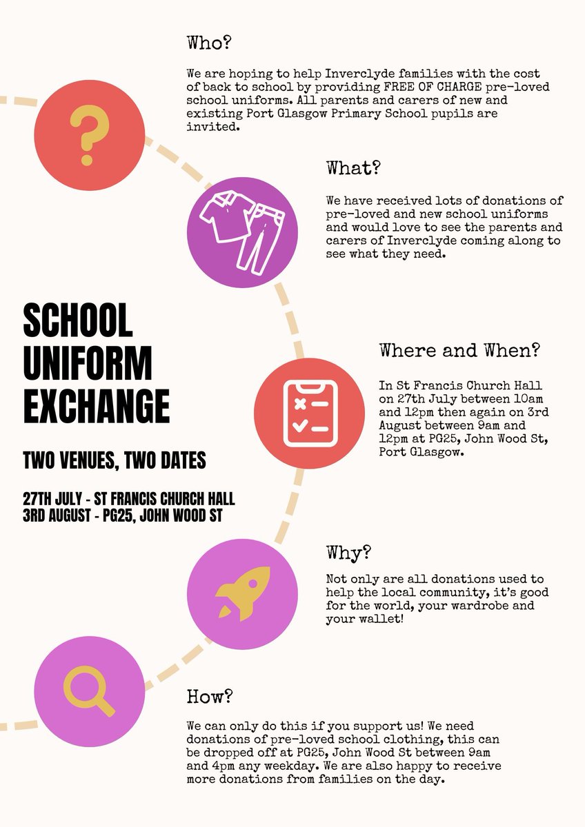 Our 1st school uniform swap and collect day is on Sat 27th July at St Francis church hall, Auchenbothie Road, Port Glasgow.

We have have had loads of generous donations so far. 

Please come along and see if there is anything that your family can use for the school year ahead.