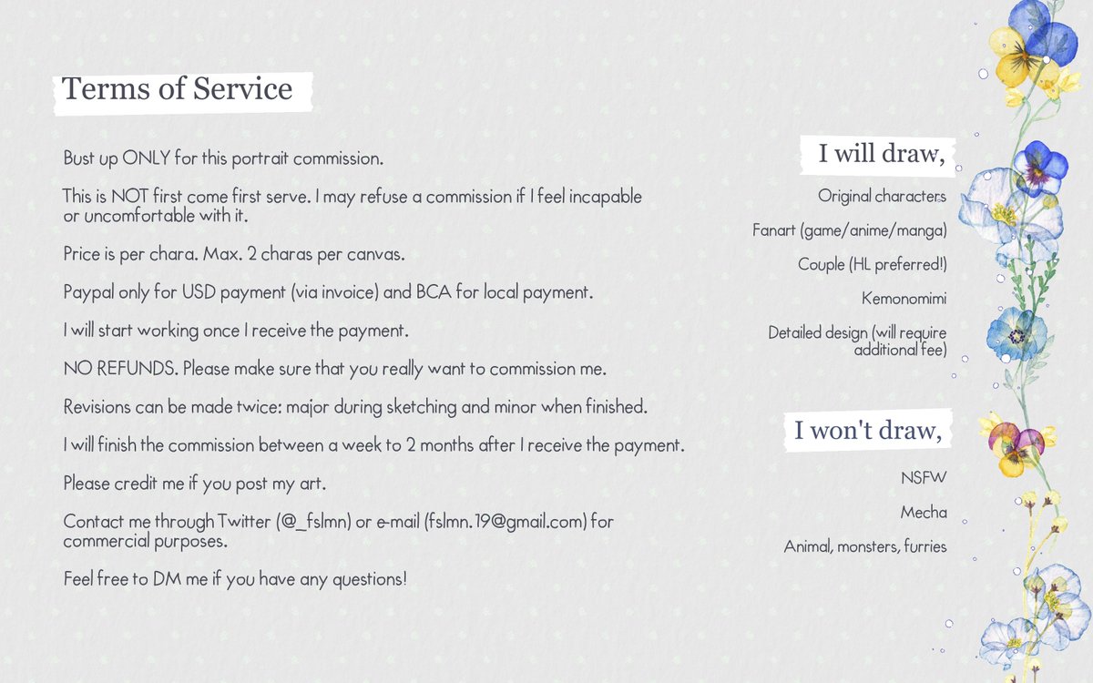 🌷[RTs greatly appreciated!]🌷

Hello!! I'm opening a portrait cmms this time for a change ✨ Please read the TOS before filling out the form below if interested! Form will close on Friday (July 26) GMT+7

Feel free to DM if you have any questions ❤️